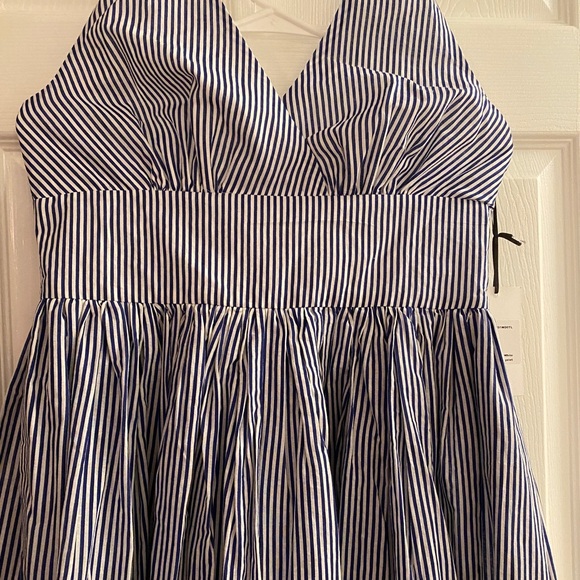 Unique Vintage Blue and White Striped Halter Dress with Embroidered Eyelet Trim - Picture 3 of 13